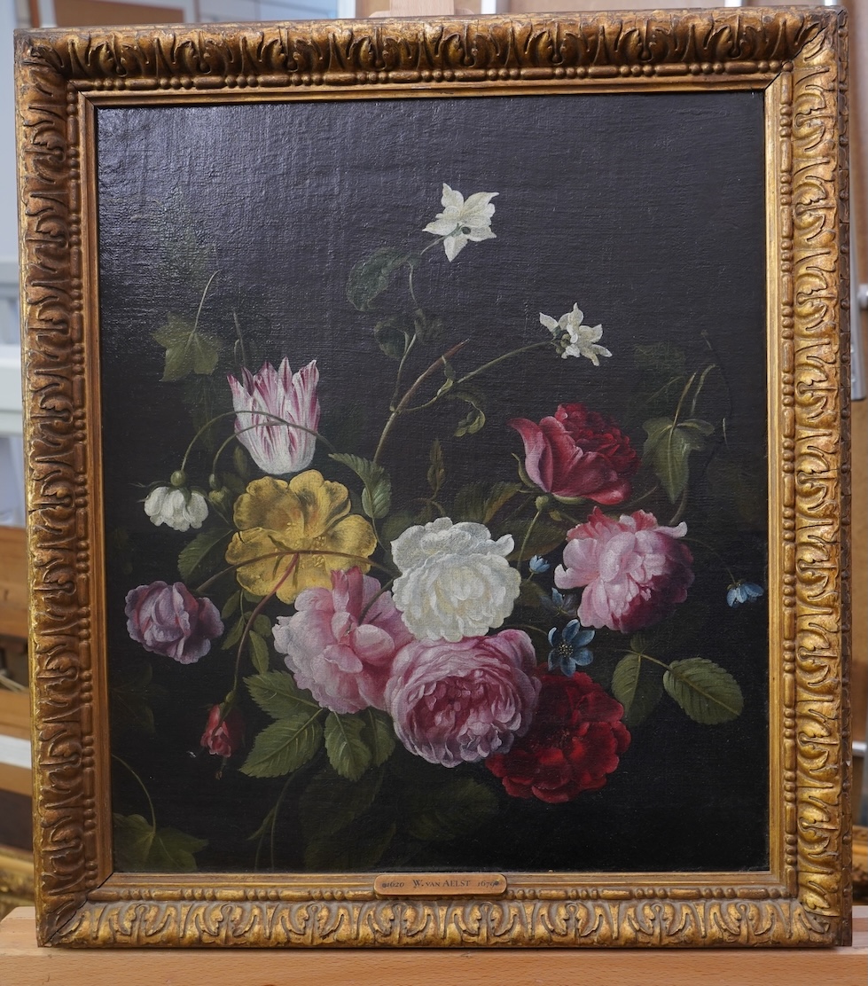 Follower of Willem van Aelst, Dutch 1627-1683, A still life study of flowers